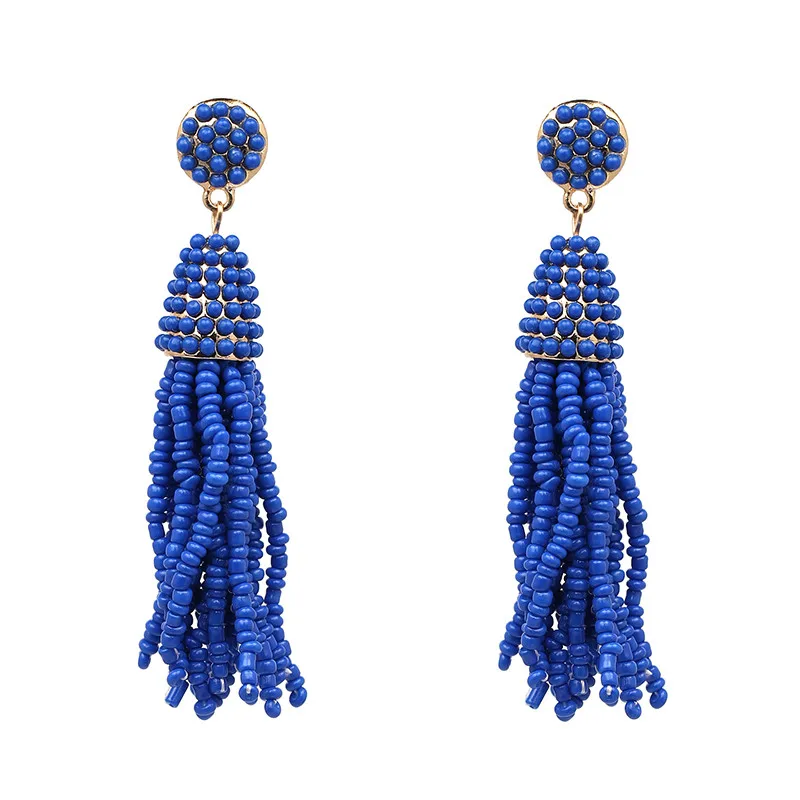 Бисерные Висячие серьги для женщин Бохо ручной работы длинные серьги с кисточками ювелирные изделия Brincos бисер бахрома массивные серьги - Окраска металла: Blue