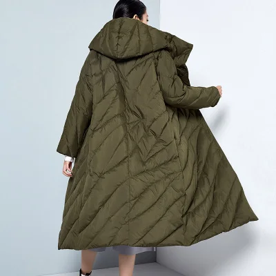 Линетт's Chinoiserie зима Для женщин Мода Армейский зеленый свободные X-длинный толстый с капюшоном 90% Белые куртки-пуховики Пальто для будущих мам пальто - Цвет: Армейский зеленый
