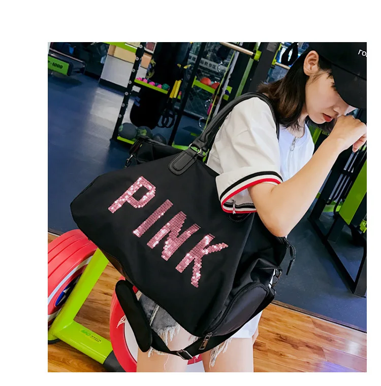 Большая вместительная женская сумка для путешествий с верхней ручкой и буквенным принтом, модная брендовая розовая Женская Сумка-тоут с блестками, сумка