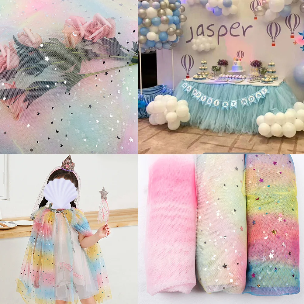 

Shiny Soft Tulle Mesh Fabric Patchwork Material Star Moon Printed Chiffon Fabric For Sewing DIY Dolls Cloth Making Fabric