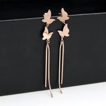 Martick розовое золотистого цвета Женский Серьги Насекомые двойная бабочка с цепочкой змеи кисточка штифт серьги для девочки Bijoux E45