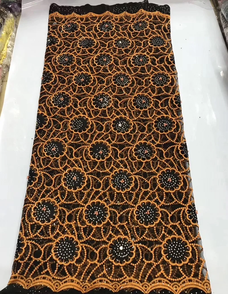 

Free shiping (5yards/pc) high quality African tulle lace fabric fashion embroidered French net lace with stones and beads FLV72