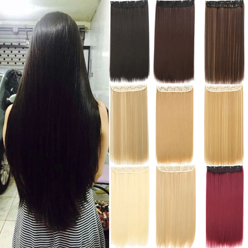MISS WIG Blonde Synthetic Clip in Hair Extension 55cm Long Straight 5 Clip Hairpiece Heat Resistant Black Brown Color-