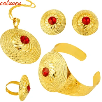 

Color Stone Ethiopian Gold Set Jewelry Pendant Necklace Bangle Earrings Ring Gold Color Habesha African Wedding Bride Eritrea