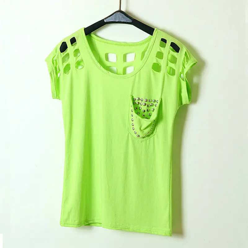 

2016 Summer New Women's European Style Rivets Pocket Round Neck Sleeve hip-hop T-shirts Female tees Women T shirt
