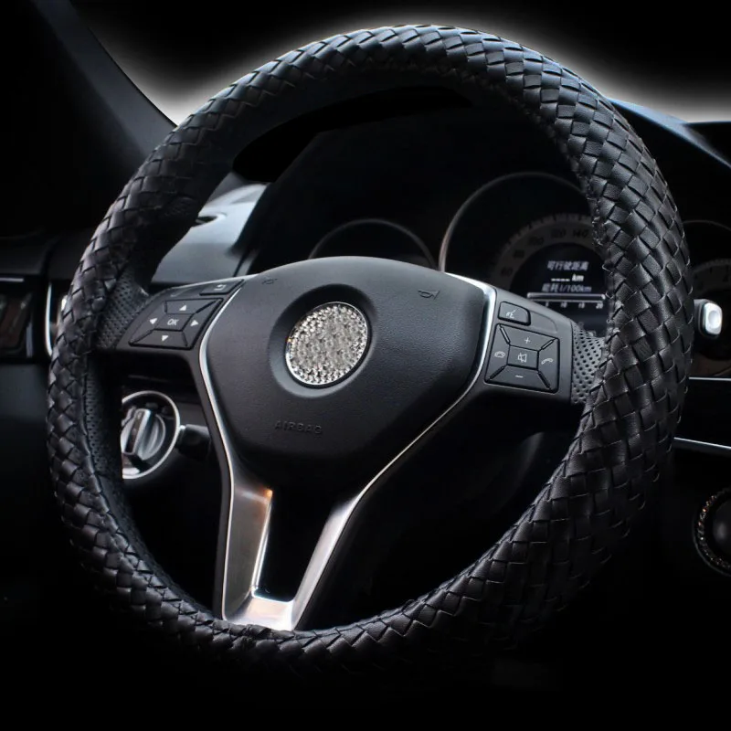 Classic Black Braid Leather Car Steering Wheel Cover Handmade Weave