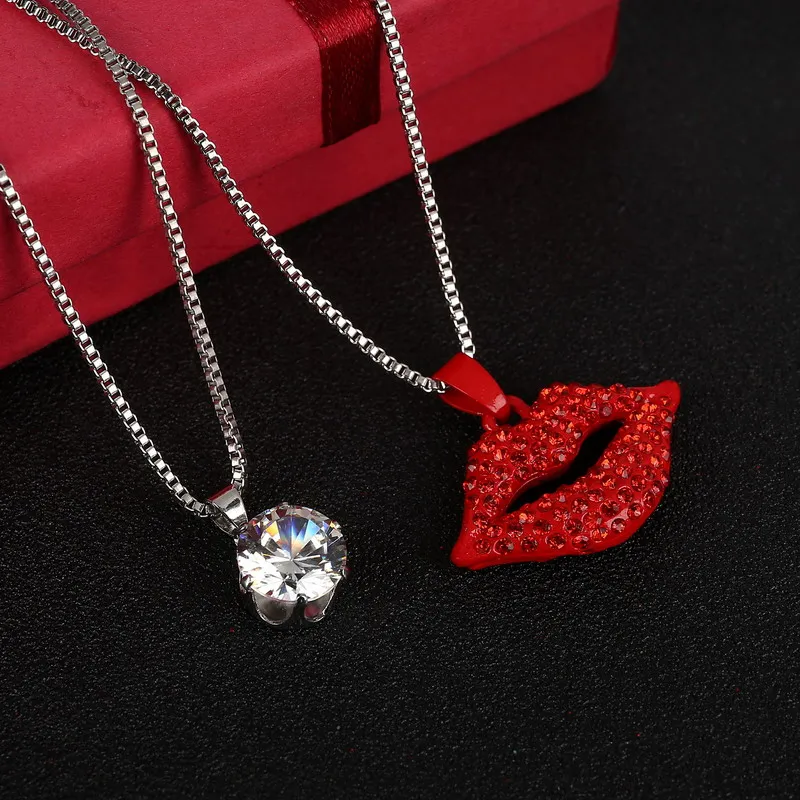 Sexy Red Lips Pendant Necklace Vogue Shiny Jewelry Charm Necklace for