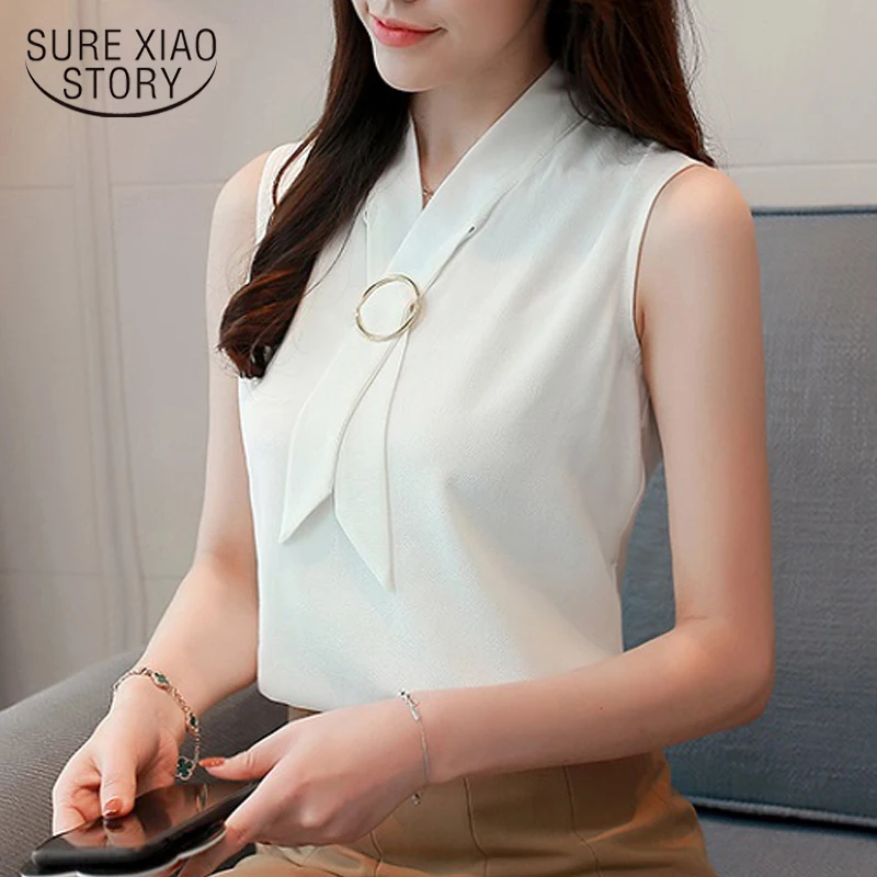 

New 2018 Summer Solid Casual Fashion Women Blouses Sleeveless Elegant Chiffon Top Vest Korean Soft Female Clothing Blusa 0234 40
