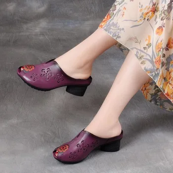 

RUSHIMAN Summer Women Shoes Genuine Leather Wedges Sandals Handmade Square Heels Comfotable Women Slides