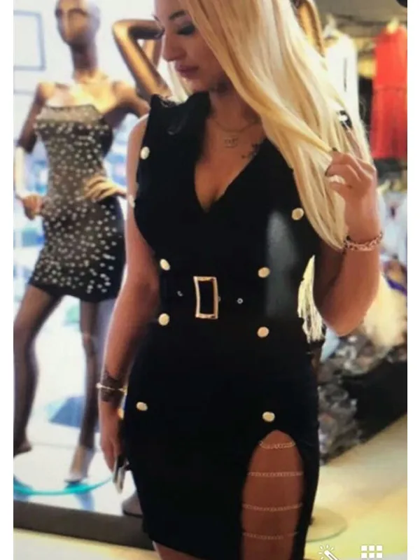 

2019 new Black V-neck fashion metal buckle bandage dress Sexy evening Party Bodycon wholesale womens clothing autumn spri