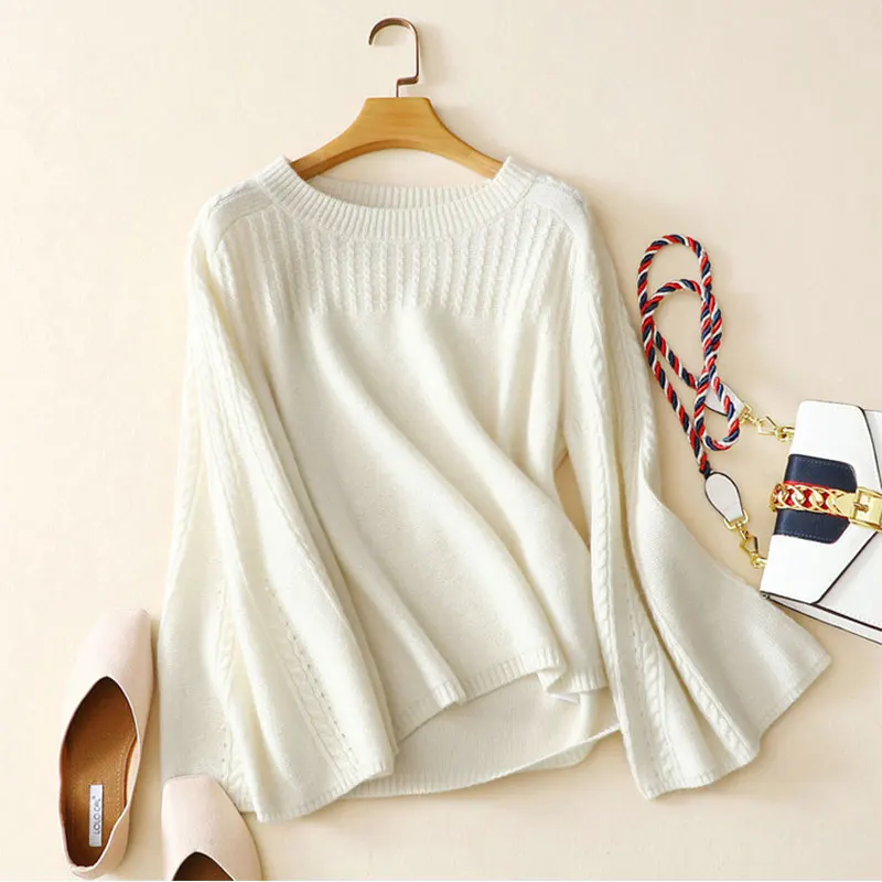 Casual O Neck Womens Cashmere Sweaters 100% Ribbed Knitted Pullover Female White Korean Flare Sleeve Winter Jumper For Women | Женская