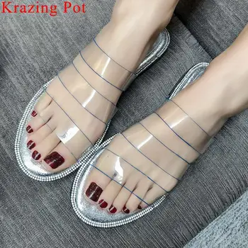 

Krazing Pot new fashion transparent pvc material peep toe beading slip on mules popular large size wedding gladiator shoes L58