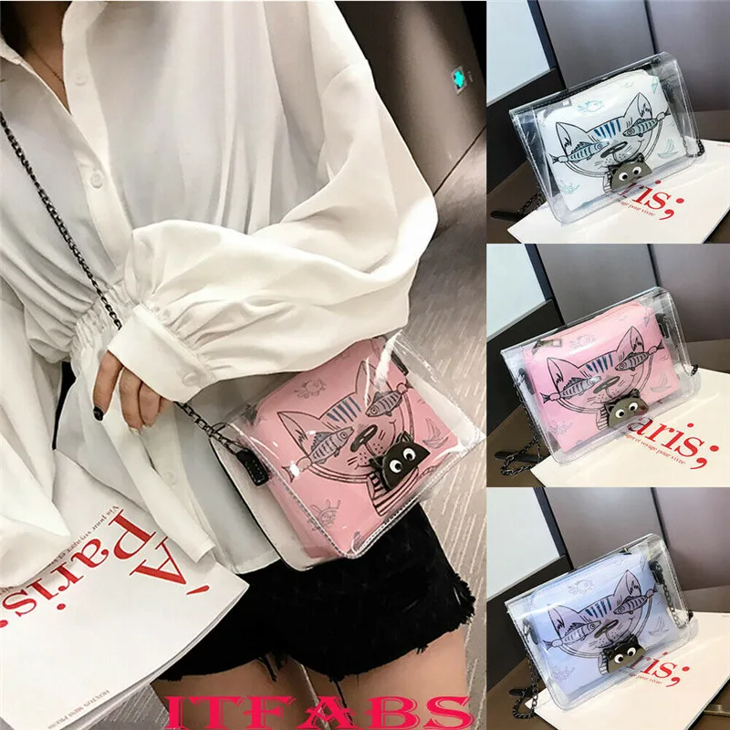 

New Women Fashion Casual Transparent Kitten Pattern PVC Leather 3 Color Chain Messenger Crossbody Shoulder Bag Tote Satchel Bag