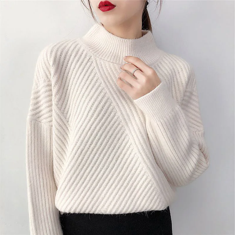 

Turtleneck Knitted Sweater Women Chic 3D Striped Jumpers Long Sleeve Pullovers 2019 Autumn Winter Thick Warm Tops Pull Femme