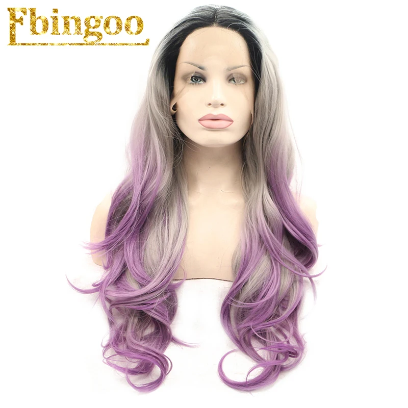 

Ebingoo High Temperature Fiber Long Natural Wave Black Ombre Grey Mixed Purple Synthetic Lace Front Wig For Women Cosplay