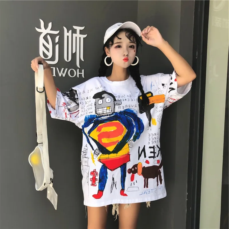 

Calligraphy Superman Cartoon Print Women T shirt Summer Short Sleeve kawaii Harajuku Korean Top Fashion camisas mujer Streetwear
