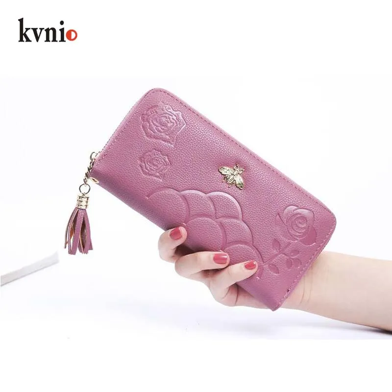 

KVNIO PU Leather Vintage Bee Wallet Women Long Zipper Wallets Money Bags Female Card Holder Phone Purse 5Color Free Shipping