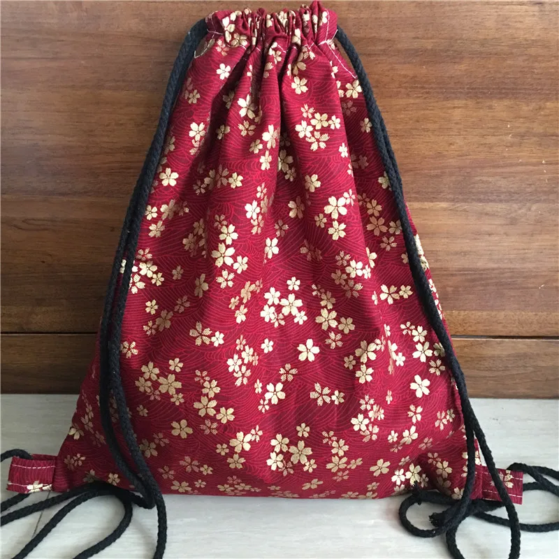 

YILE Gilt Cotton Drawstring Travel Backpack Girl Fashion Bag Golden Plum Blossom Wine Red 619-4