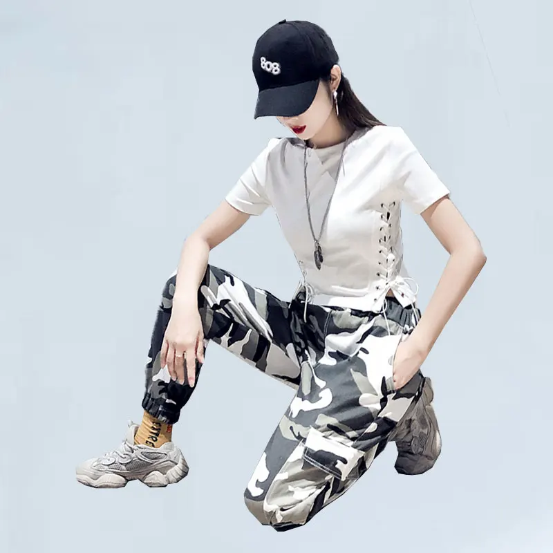 

Summer 2 Piece Set Women Outfits Short Sleeve T-shirt + Camouflage Pant Suit Set Overalls Female Casual two piece set Streetwear