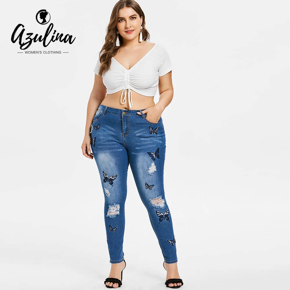Rosegal Plus Size Butterfly Distressed Embroidered Jeans Women Pant Skinny High Waist Pencil Pants Denim Jean Ladies Trousers