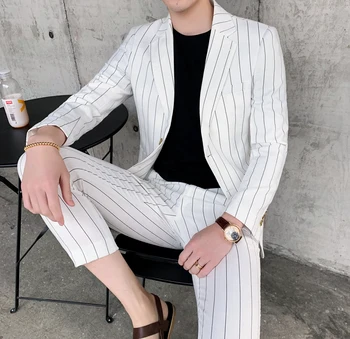 

Suit Party Boys Slim Fit White Suit Men 2 Piece Suit Leisure Vertical Stripe Casual Coustume Homme For Men's Spring Summer
