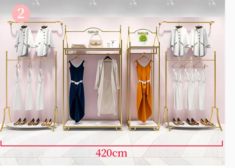 Europe type gold dress shop rack rack high grade clothes rack shoes bag double layer clothing display rack