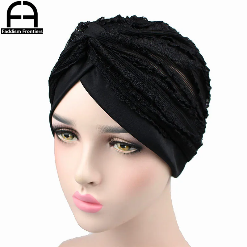 Модные женские летние тюрбан дышащие крутые вязаный тюрбан шапка после химиотерапии головной убор-Бандана головная повязка, аксессуары для волос хиджаб турбанта - Цвет: Черный