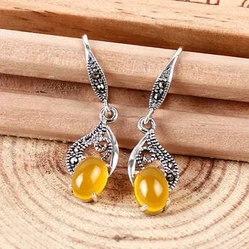 

925 Sterling Silver Natural semi-precious stones Drop yellow folk style long earrings Chalcedony girlfriend gift