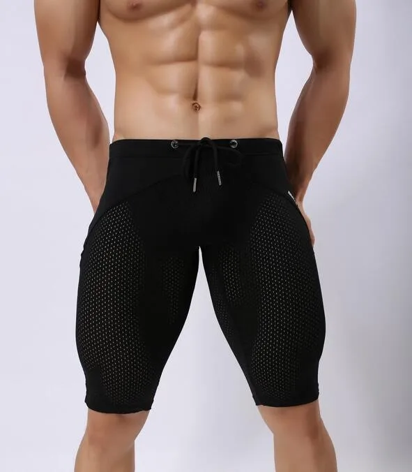 Летние популярные мужские эластичные шорты, обтягивающие облегающие шорты до колена, удобные дышащие сетчатые шорты, брендовая одежда