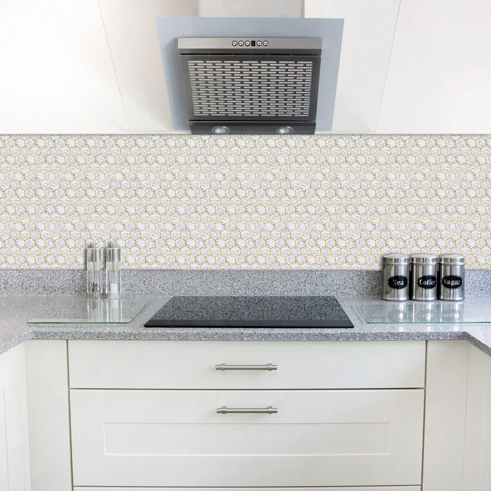 Funlife White Gold Marble Tiles Decal,Modern Self-adhesive Kitchen Wall Stickers Home Decoration Bathroom Waterproof Stickers