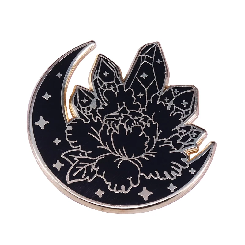 

Quartz moon magic pin crystal cluster flower brooch black Gothic art decor