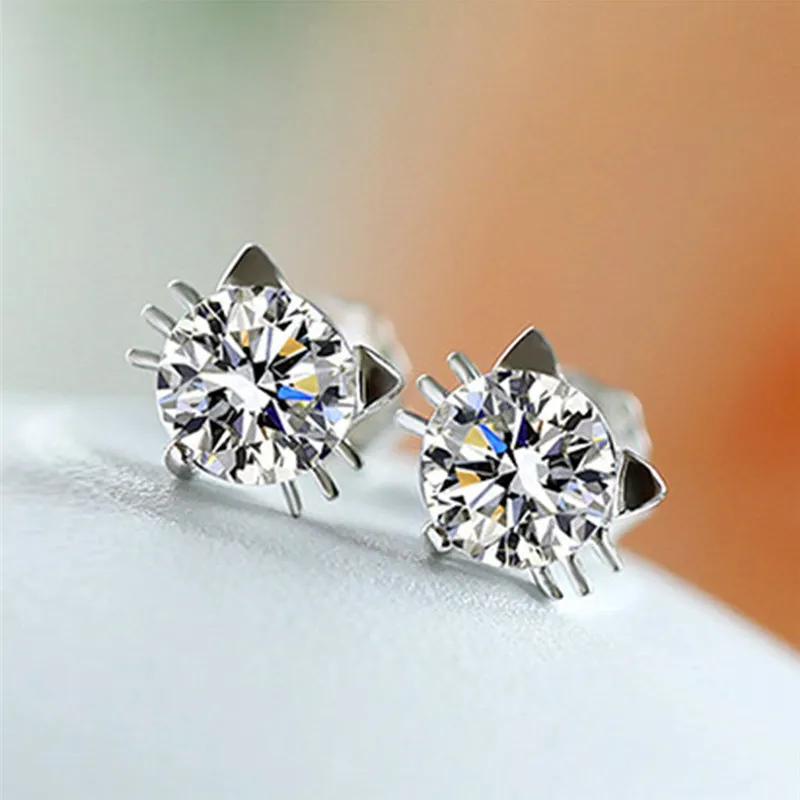 

PINKSEE Fashion Silver Color Crystal Cute Cat Stud Earrings Women Girls Chic Ear Studs Piercing Jewelry Gifts