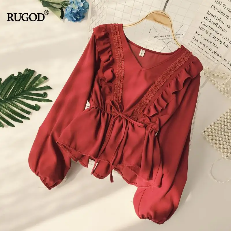 

RUGOD 2019 Elegant Ruffled Solid Women Blouses Middle Tied Chiffon Blouses Summer Tops and Shirts Vintage Blusas Mujer