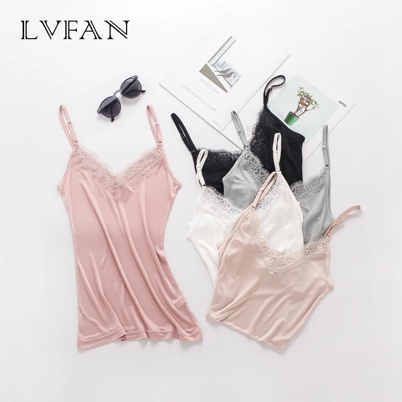 

spring summer silk loose V collar lace real silk suspender with a versatile base of silk Small sling Pure Colors LVFAN Y041