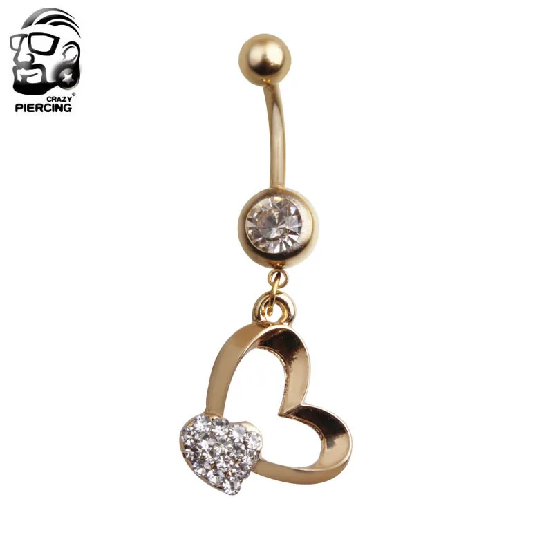 Belly Button Rings Golden Heart Dangle Cubic Zirconia Piercing Navel