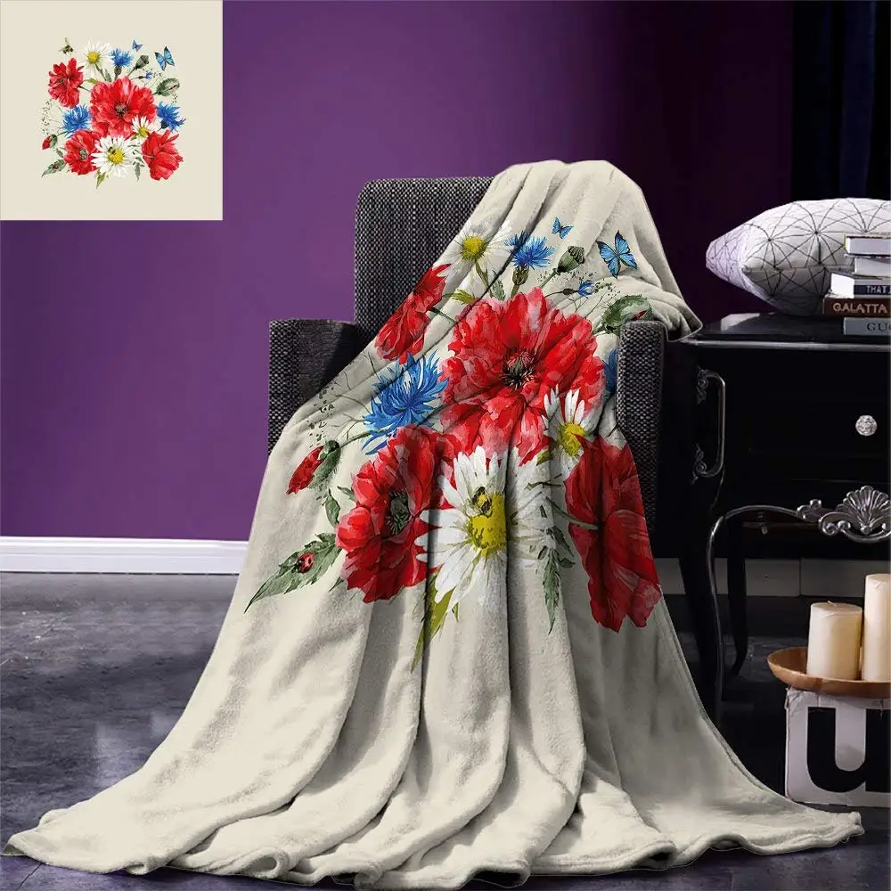 Flowers Throw Blanket Vintage Watercolor Bouquet of Wildflowers Poppies