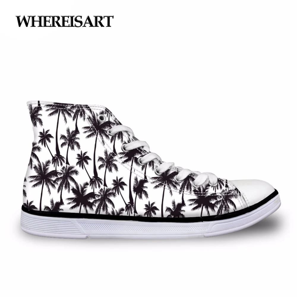 

WHEREISART Classic Women High Top Lace-up Casual Shoes Canvas 3D Coconut Tree Fashion Autumn Vulcanize Shoes Woman Flats Lady