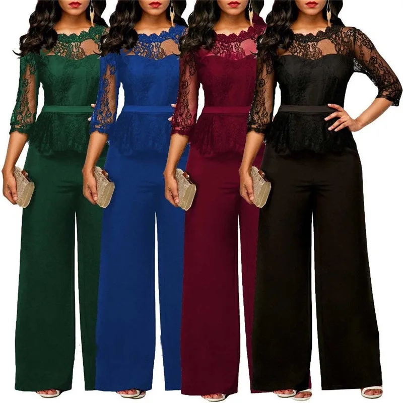 Women Plus Size Jumpsuit Hot Sale Loose Solid Color Playsuit Party Romper Half Lace Sleeve Party Elegant Long Jumpsuit