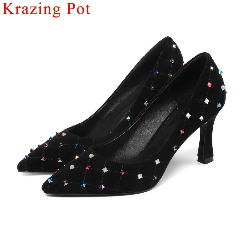 

2019 colorful rivets decoration elegant lady fashion runway pumps oxford pointed toe high heels genuine leather sexy shoes L03