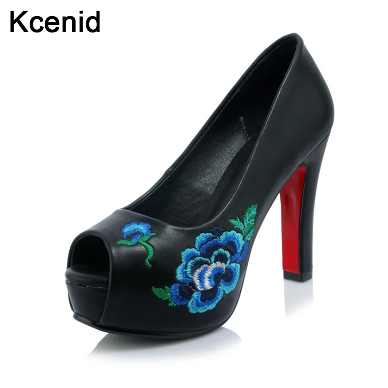 

New Spring autumn shoes woman pumps sexy peep toe shallow high heels wedding shoes embroidery platform shoes big size 42 black