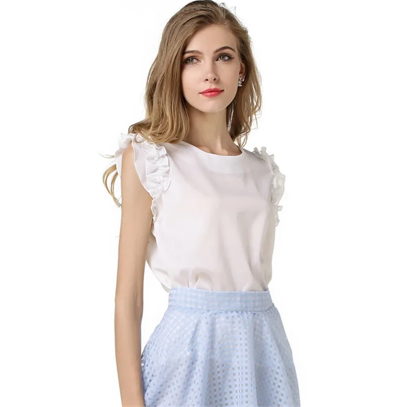 

New Blouses Fashion Chiffon Ruffles Shirt Blouse Tops Solid Color Sleeveless Lace Bow OL Style Women Round Collar 4 Colors S006