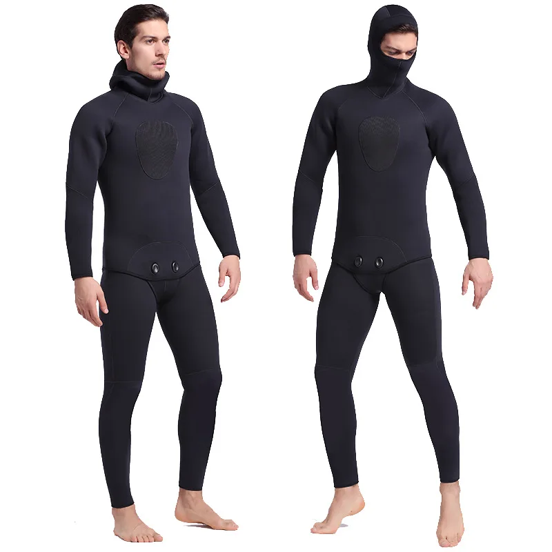 SBART 5mm Men Wetsuit 2 piece set Black Hooded Spearfishing Jumpsuit