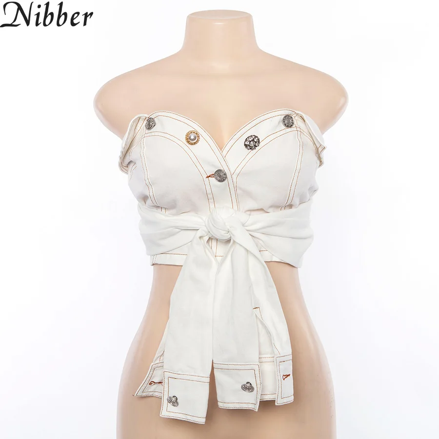 Nibber/женская модная пикантная майка с открытыми плечами, топы с ремешками на пуговицах, женская летняя белая футболка с коротким рукавом, камзол кэжуал