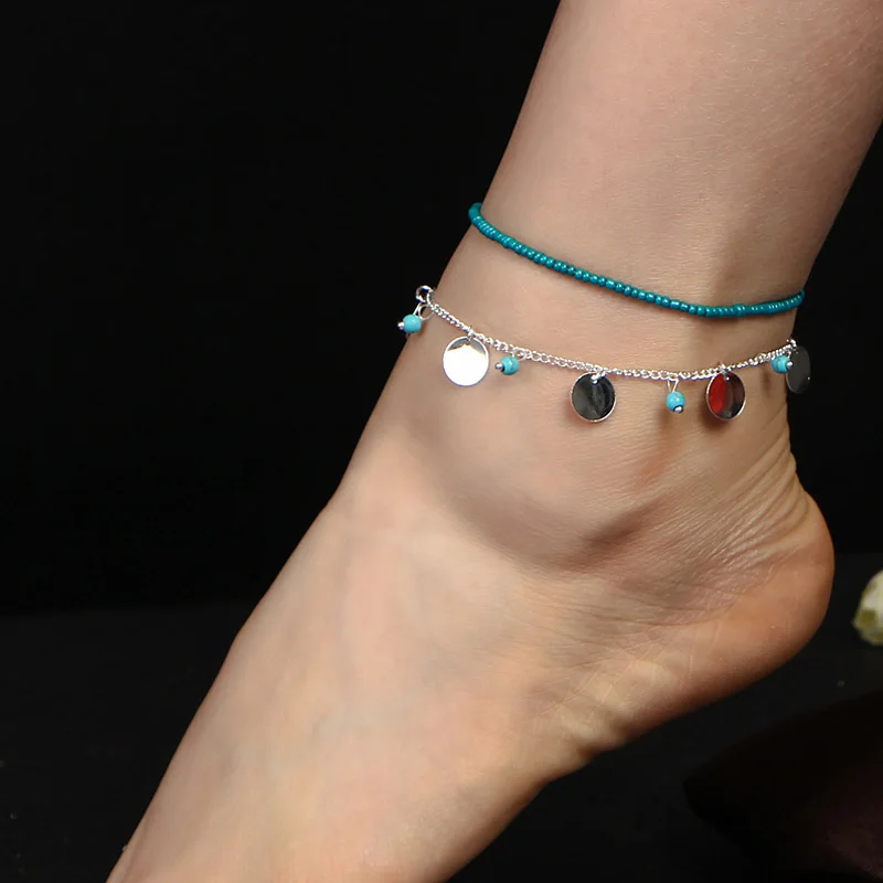 

M MISM Woman Beads Round Sequin Pendant Anklet Ladies Ankle Chain Leg Bracelet Tassel Beach Charm Vintage Foot Jewelry Gift