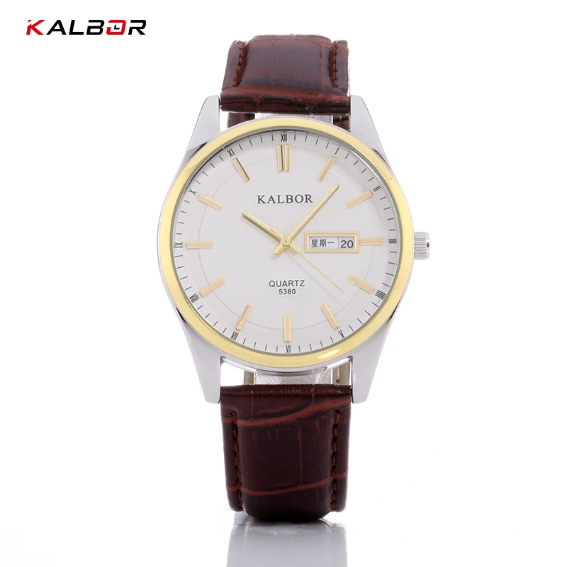 

KALBOR Brand Men's Watches PU Leather Quartz Wrist Watch Casual Male Luxury Golden Rim Waterproof Sport Watch English Date Clock