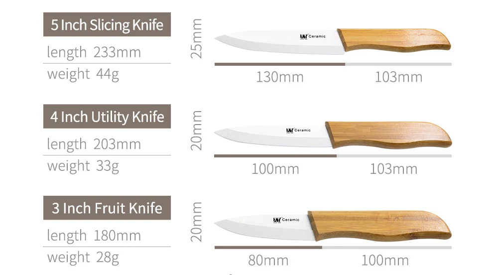 XYJ абсолютно 3 шт. набор кухонных ножей 4 дюймов утилита 5 дюймов нарезки 6 дюймов керамические ножи для шеф-повара с бамбуковой ручкой инструменты для приготовления пищи