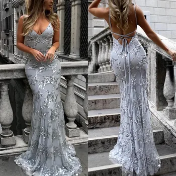 

Women Formal Paillette Print Wedding Long Maxi Party Ball Clubwear Dress Bodycon Spaghetti Belt Clothes