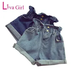 ЛИВА девушка Feminino Повседневное Хемминг Джинсовые шорты для Для женщин Кнопка Лето ретро эластичный Высокая талия карман синие джинсы