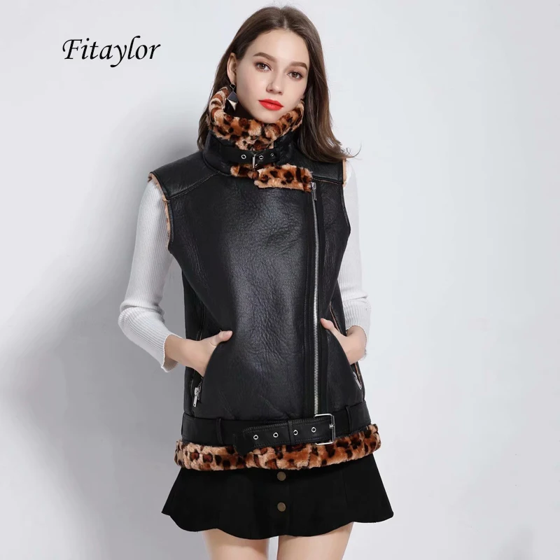 Fitaylor Autumn Winter Turn-down Collar Vest Faux Soft Leather Lambs Jacket Coat Women Leopard Print Black Punk Bomber Outerwear | Женская