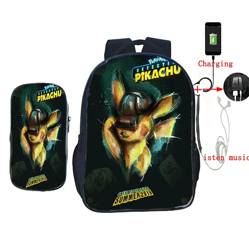 Рюкзак Pokemon Detective Pikachu с USB зарядкой, школьные рюкзаки для подростков, мальчиков и девочек, Mochila, детский дорожный рюкзак с пеналом